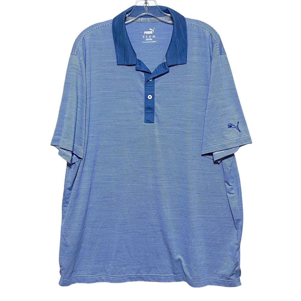 Puma Polo Shirt Mens XL Blue White Striped Preppy Athleisure Coastal Resortwear